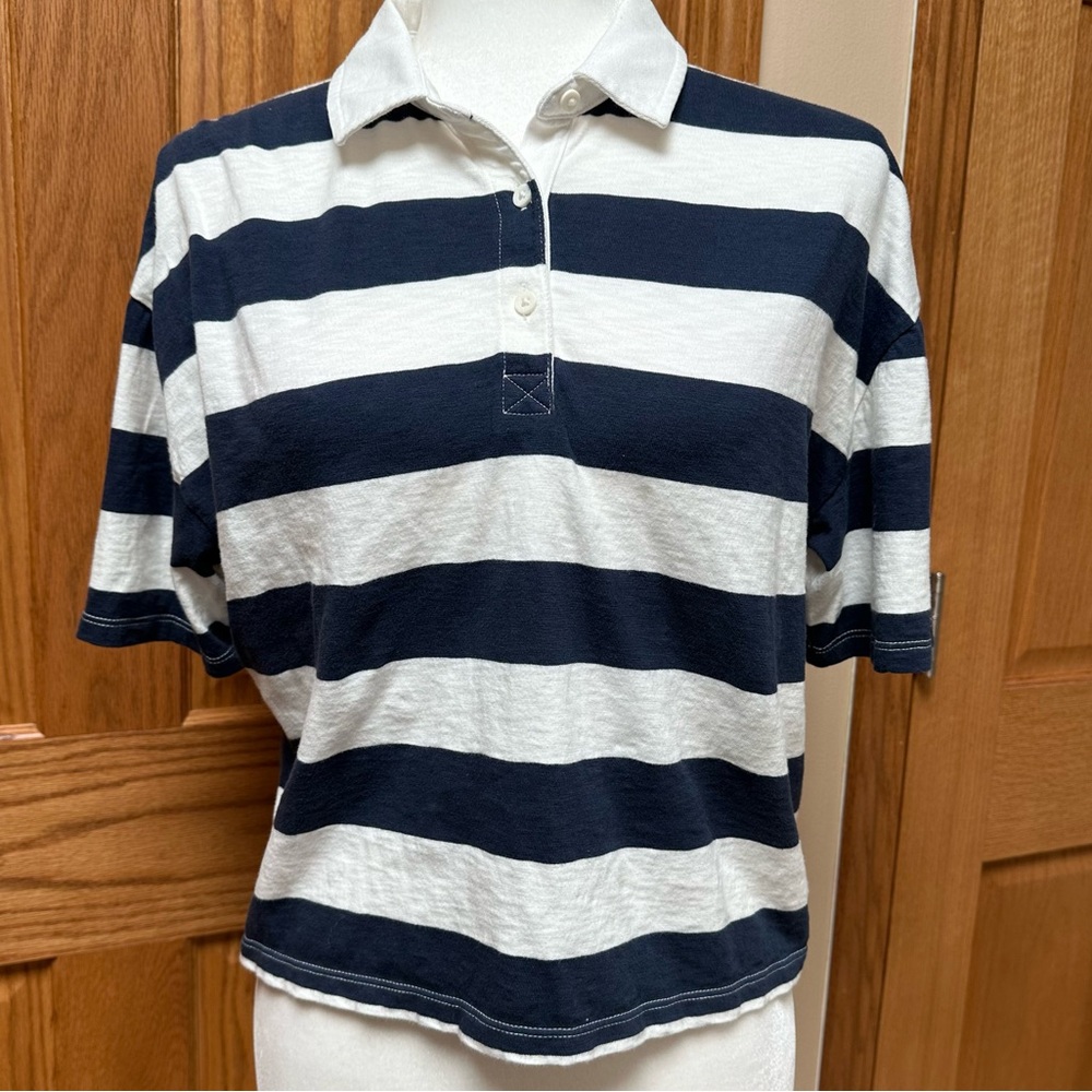 GAP Navy and White Striped Cropped Polo